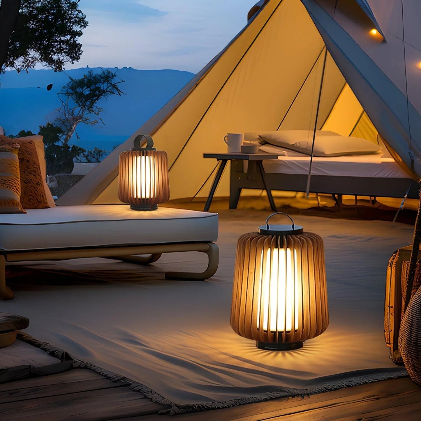 Nordic Teak Outdoor Lantern Rechargeable Light