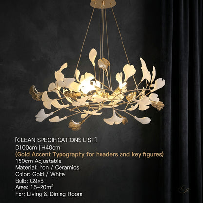 GINKA Gold & White Ginkgo Leaf Flush Mount Chandelier