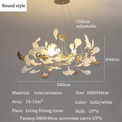 GINKA Gold & White Ginkgo Leaf Flush Mount Chandelier
