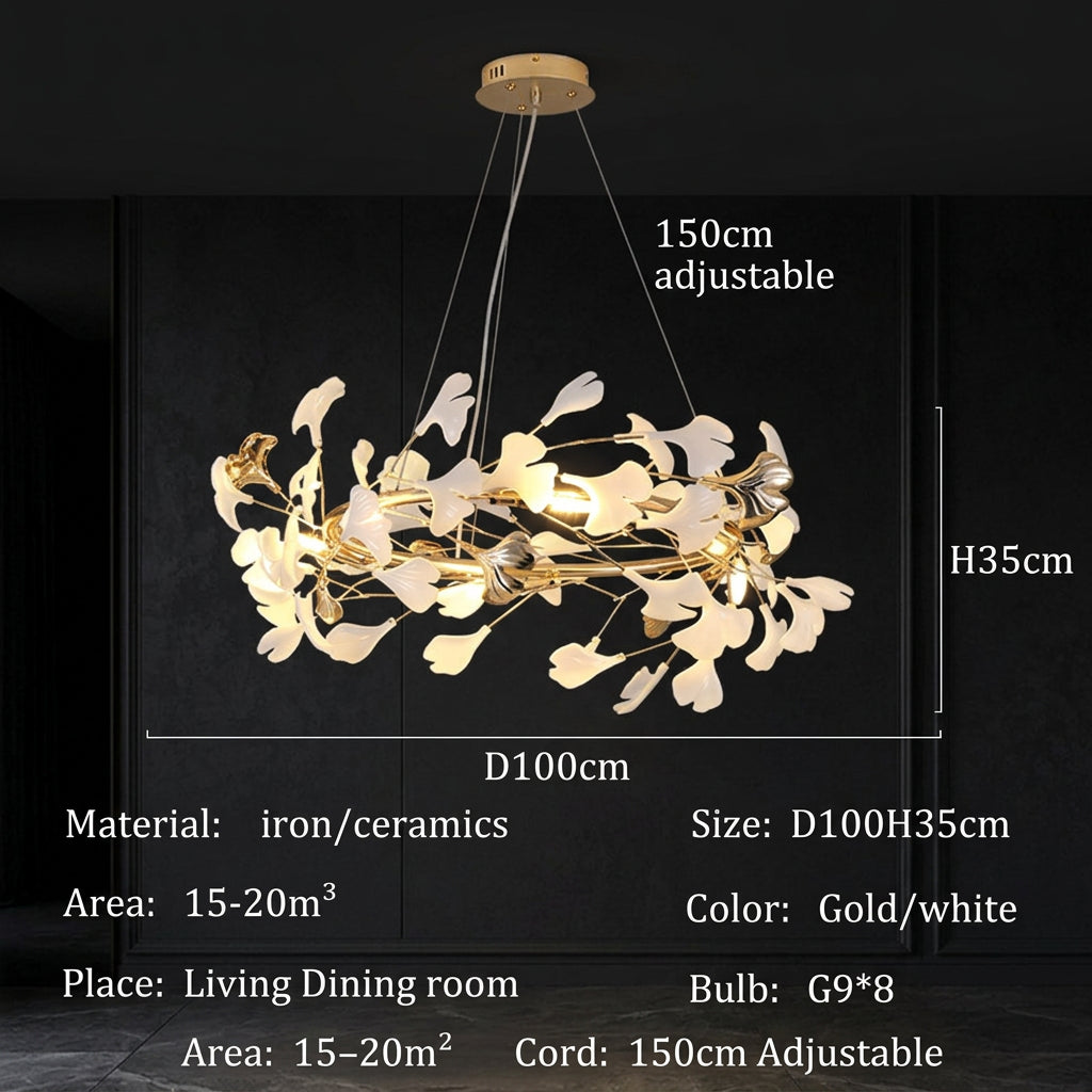 GINKA Gold & White Ginkgo Leaf Flush Mount Chandelier