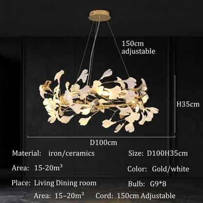 GINKA Gold & White Ginkgo Leaf Flush Mount Chandelier