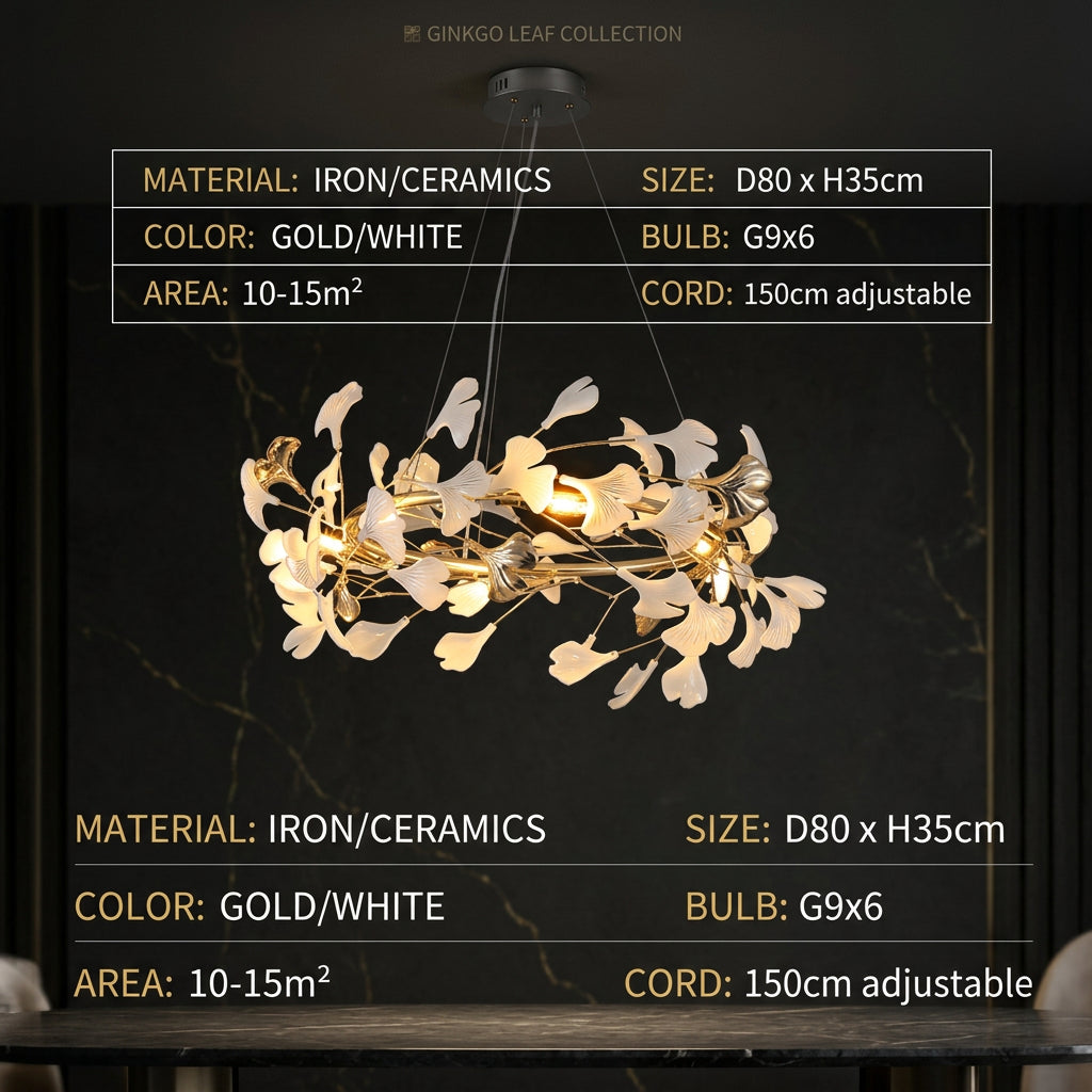GINKA Gold & White Ginkgo Leaf Flush Mount Chandelier
