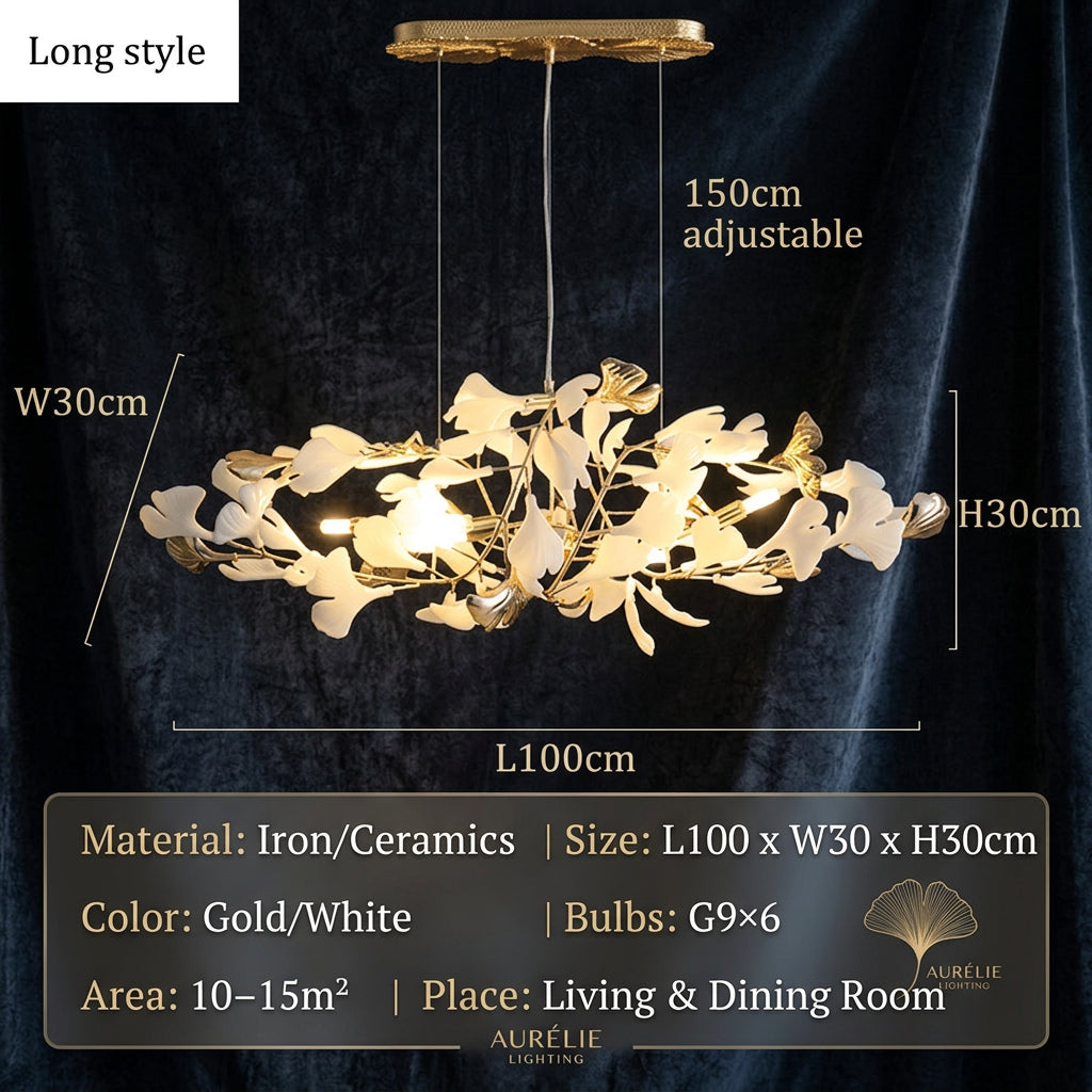 GINKA Gold & White Ginkgo Leaf Flush Mount Chandelier