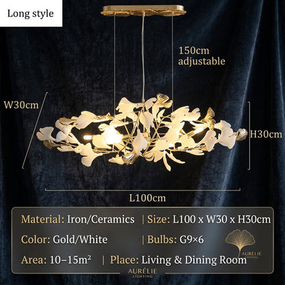 GINKA Gold & White Ginkgo Leaf Flush Mount Chandelier