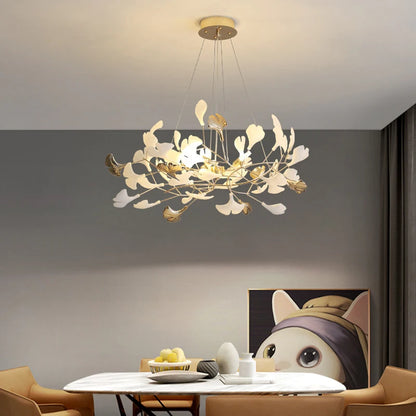 GINKA Gold & White Ginkgo Leaf Flush Mount Chandelier