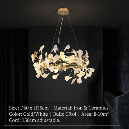 GINKA Gold & White Ginkgo Leaf Flush Mount Chandelier
