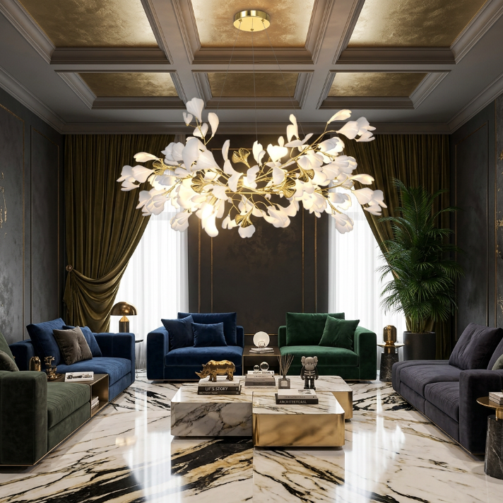 GINKA Gold & White Ginkgo Leaf Flush Mount Chandelier