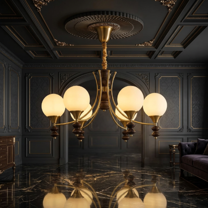 BOSCHETTO Walnut & Brass Globe Chandelier