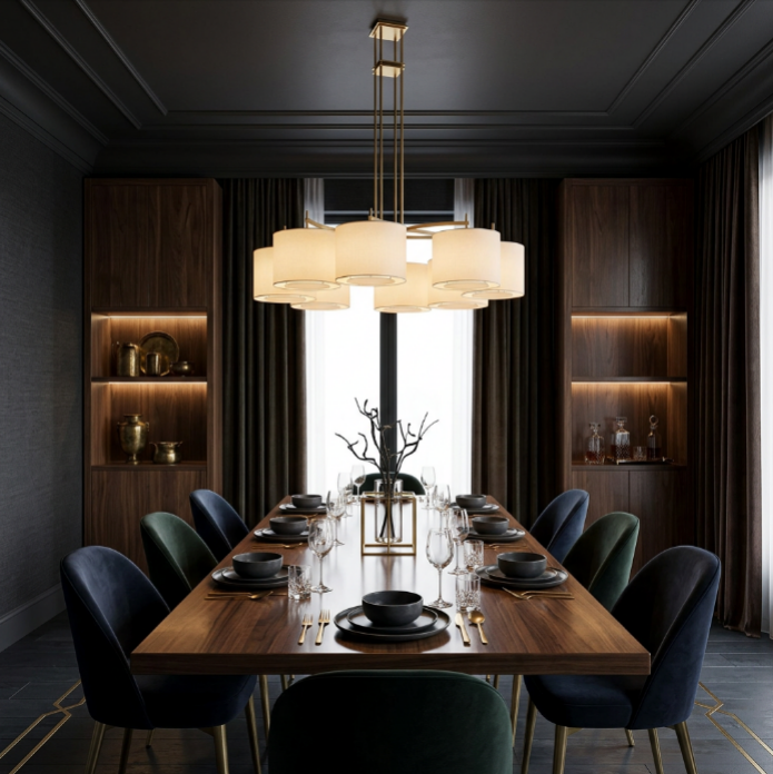 FORO Brass Wheel Linen Drum Chandelier