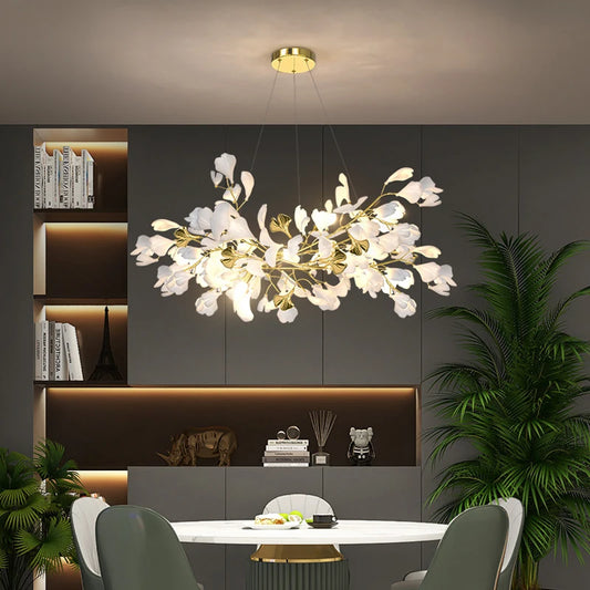 GINKA Gold & White Ginkgo Leaf Flush Mount Chandelier