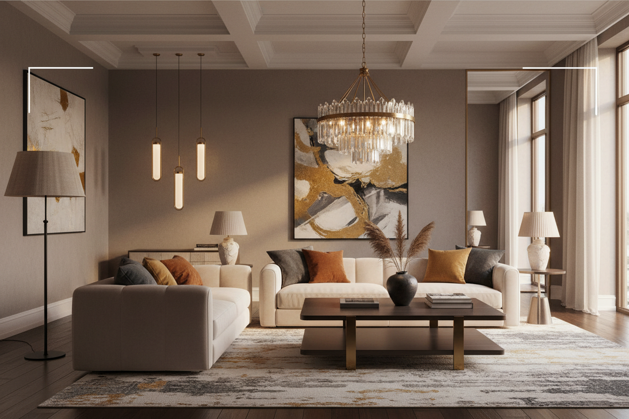 Furnished Room with Variety of Lights Banner