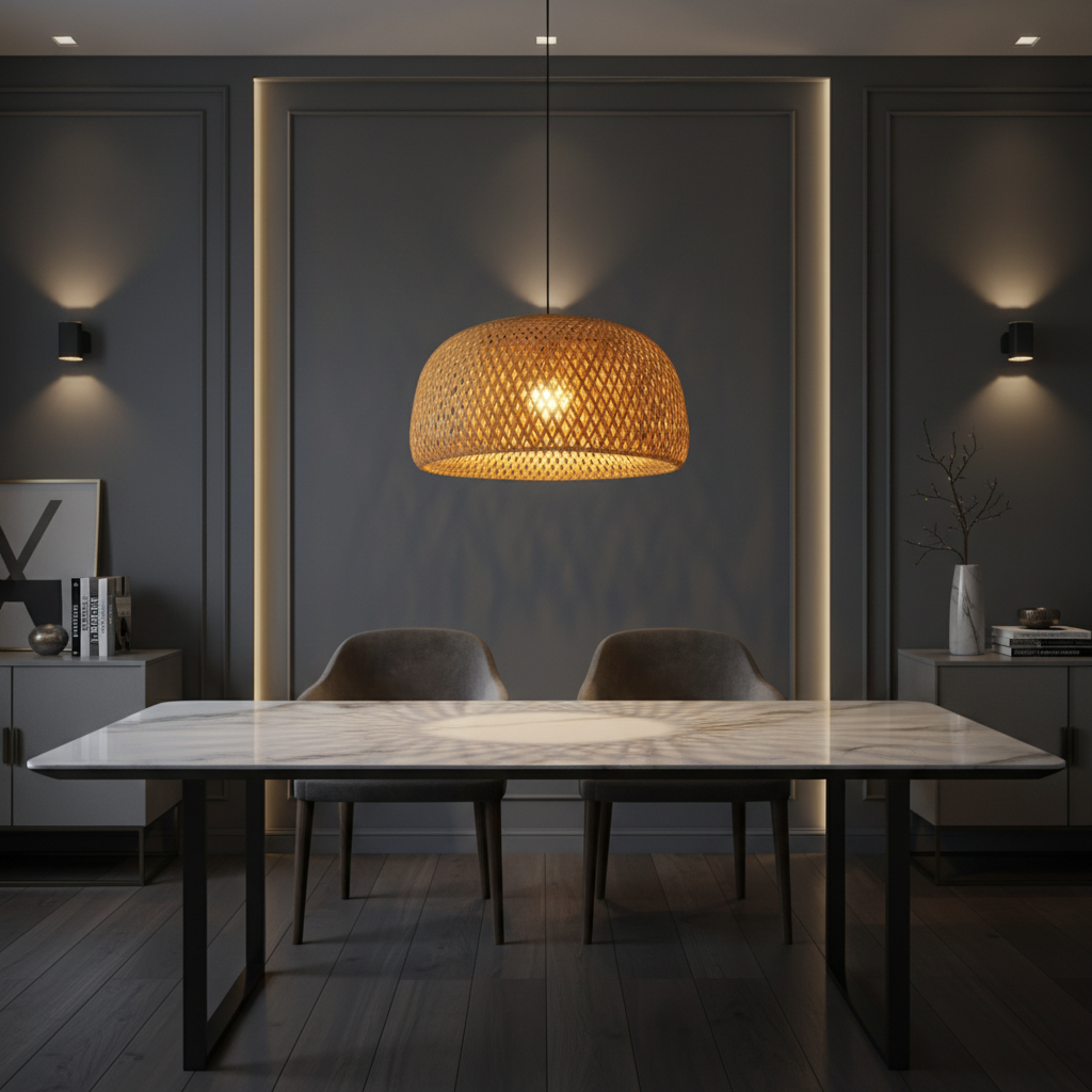 Modern Bamboo Dome Pendant Light - Hand-Woven Wicker Chandelier