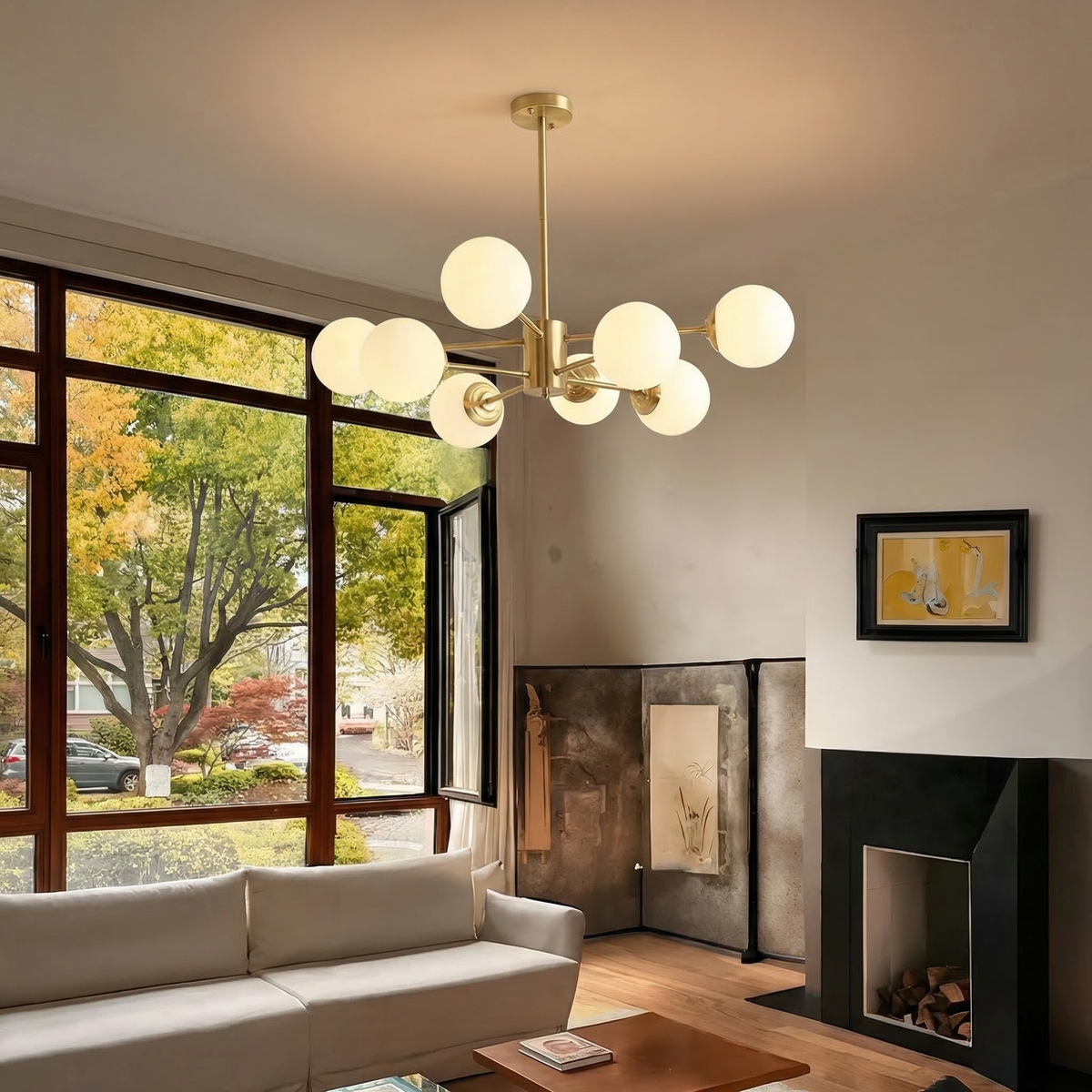 8-light Sputnik Gold Chandelier Brass Ceiling Light Opal Globe Molecular