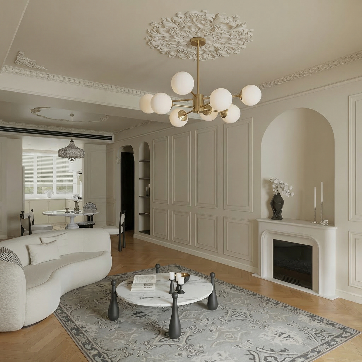 MOLECOLA Brass & Opal Glass Sputnik Chandelier