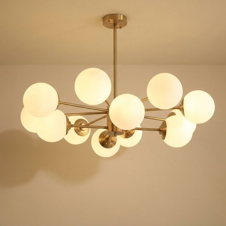 8-light Sputnik Gold Chandelier Brass Ceiling Light Opal Globe Molecular