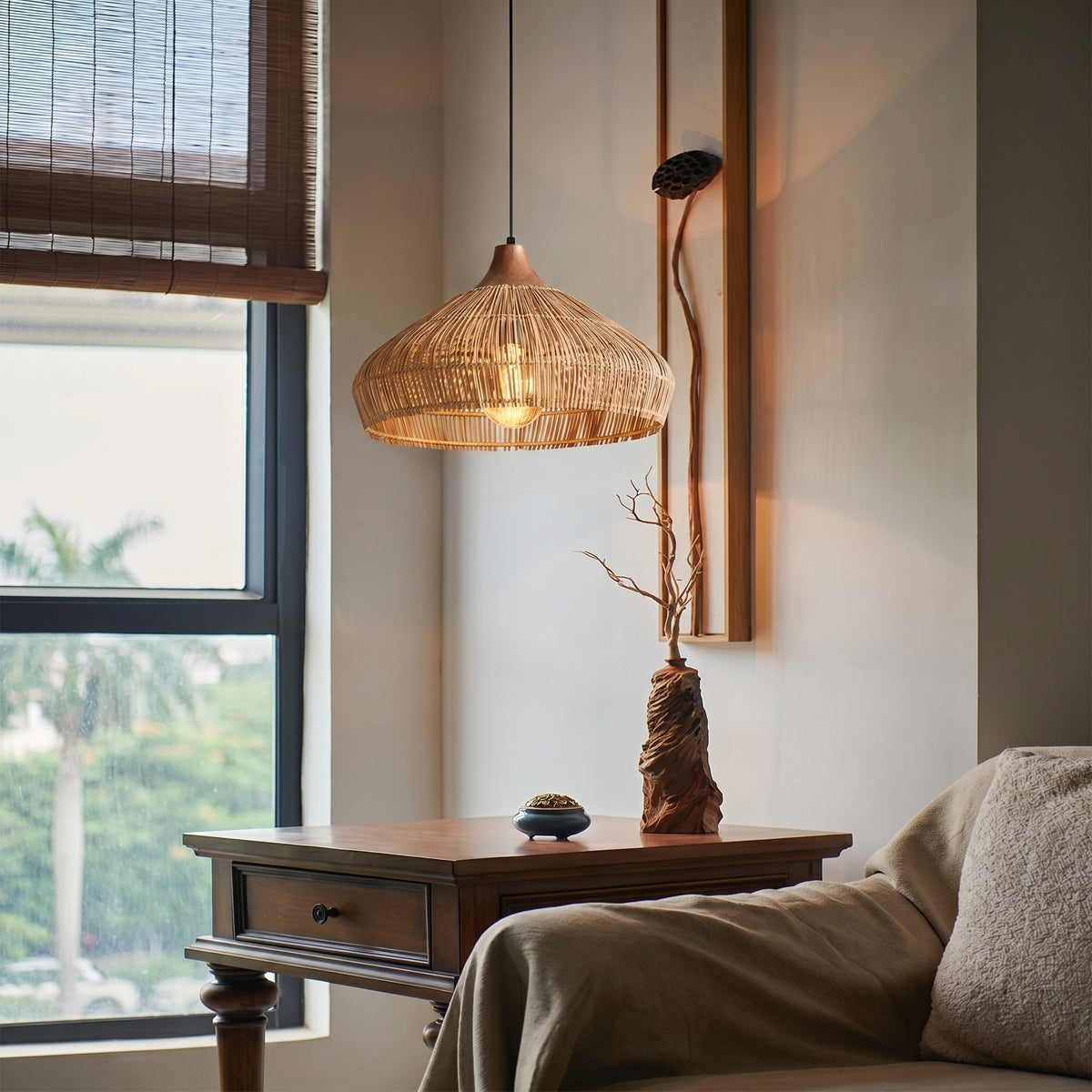 Wabi-sabi Retro Rattan Pendant Wicker Light Fixture Hand-Woven Coastal Boho Rayora Lamp
