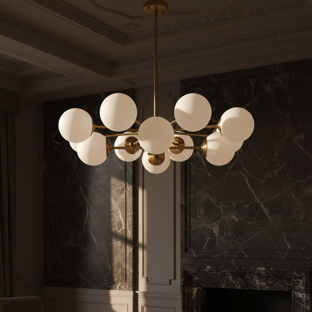8-light Sputnik Gold Chandelier Brass Ceiling Light Opal Globe Molecular