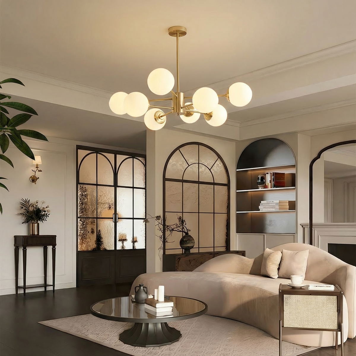 8-light Sputnik Gold Chandelier Brass Ceiling Light Opal Globe Molecular