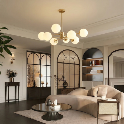 8-light Sputnik Gold Chandelier Brass Ceiling Light Opal Globe Molecular