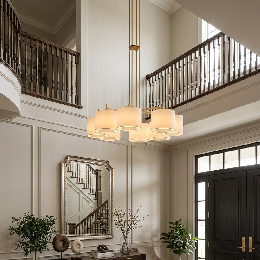 FORO Brass Wheel Linen Drum Chandelier