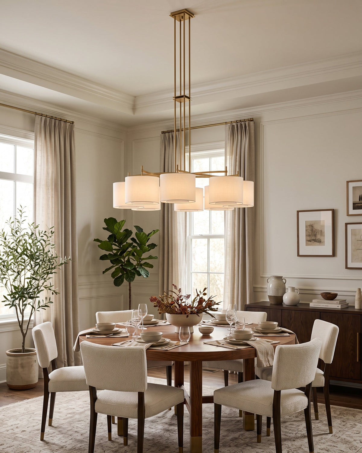FORO Brass Wheel Linen Drum Chandelier