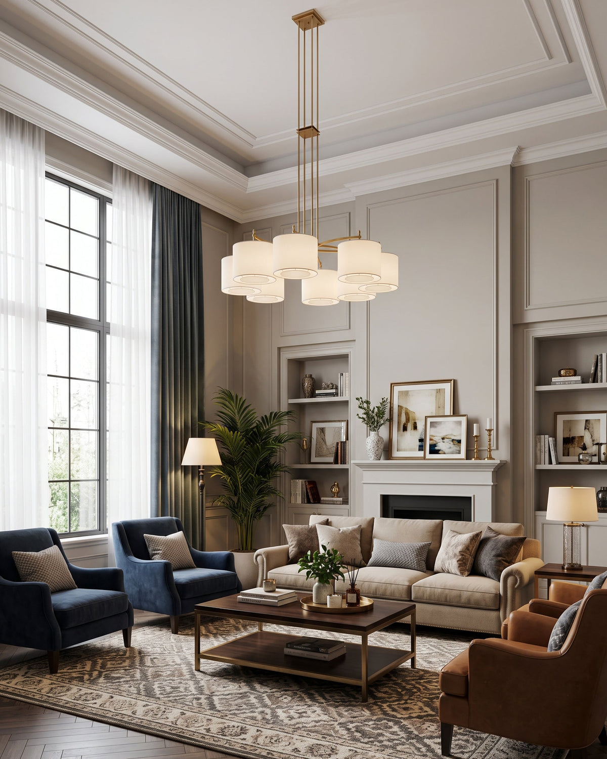 FORO Brass Wheel Linen Drum Chandelier