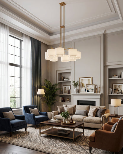 FORO Brass Wheel Linen Drum Chandelier