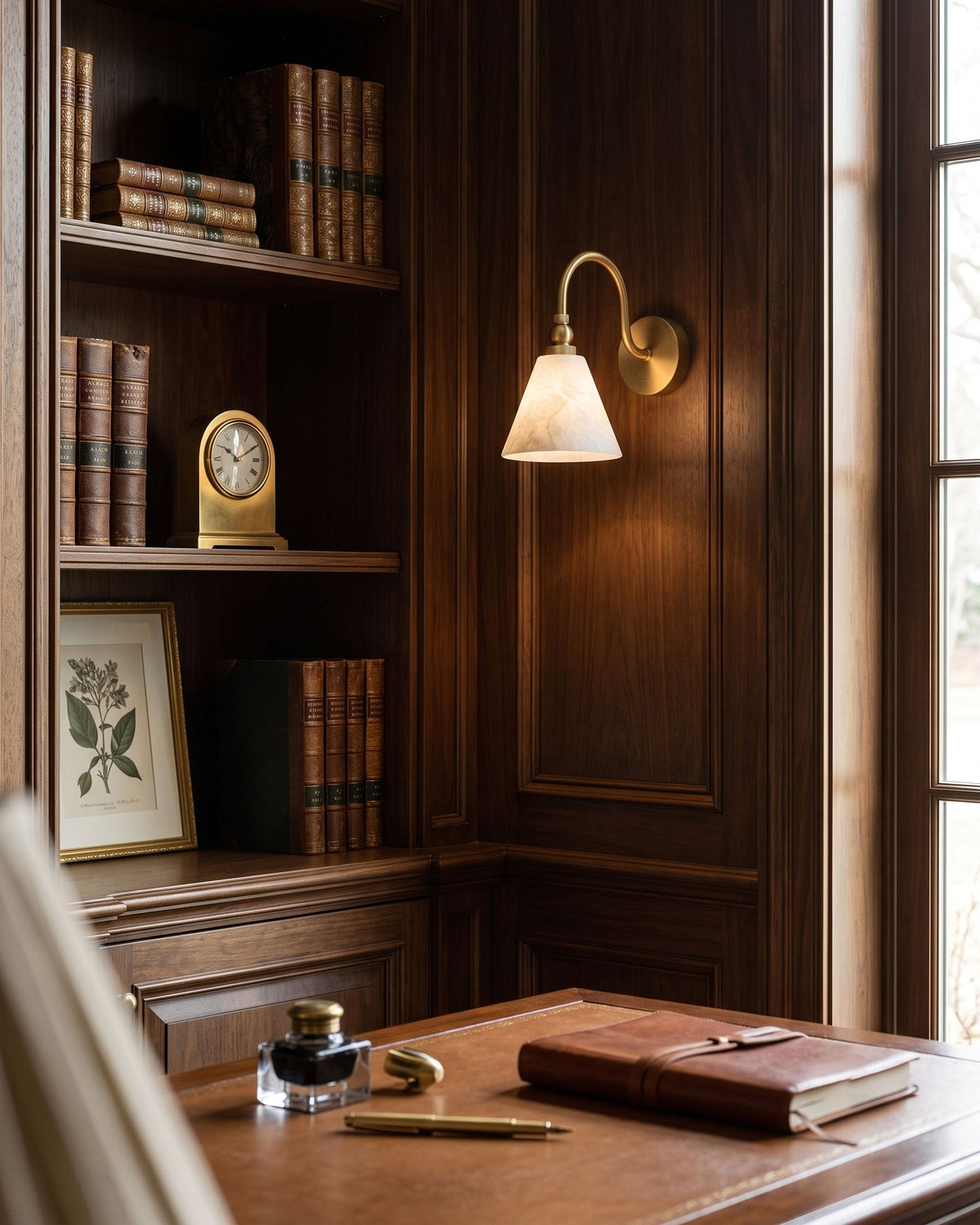 CYGNE Brass & Alabaster Gooseneck Wall Sconce