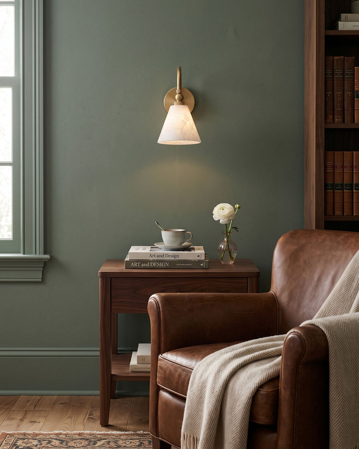 CYGNE Brass & Alabaster Gooseneck Wall Sconce